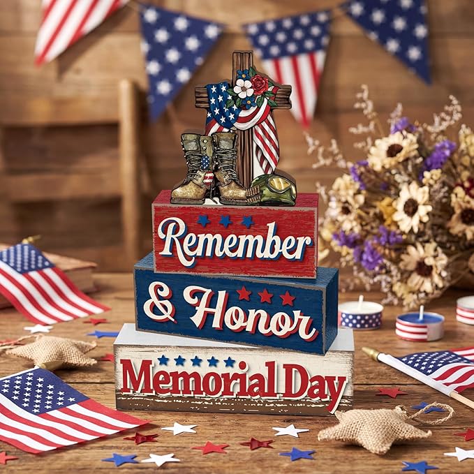 4 Pcs Memorial Day Table Decor Patriotic Remember Honor Our Heroes Wooden Sign Fourth of July Tiered Tray Decor Red White Blue Table Centerpiece for Home Office Desk Shelf Mantel Decorations