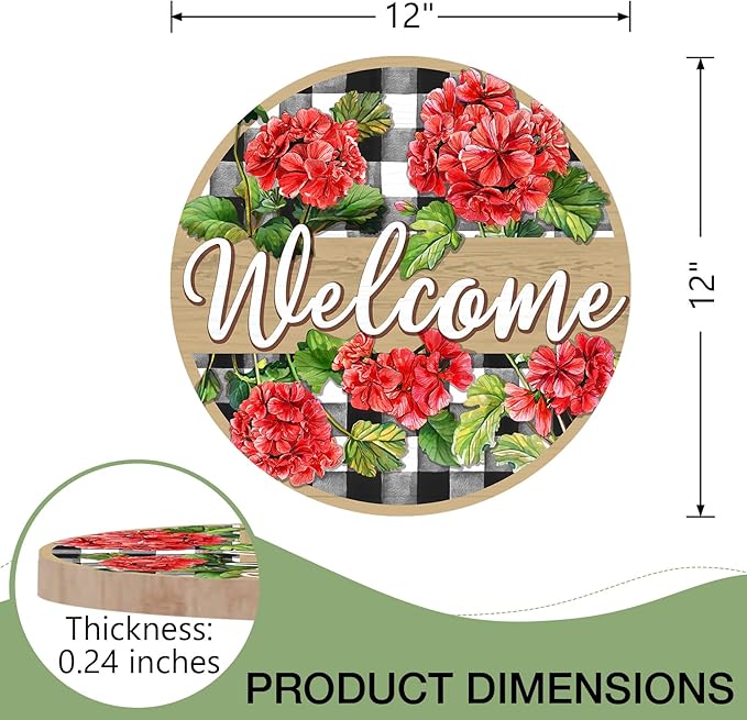 Deroro Welcome Spring Summer Geranium Flower Front Door Sign, Red Floral Buffalo Plaid Check Wood Door Hanger Outdoor Outside Porch Decor, Farmhouse Rustic Wooden Wreath Indoor Wall Hanging Decoration