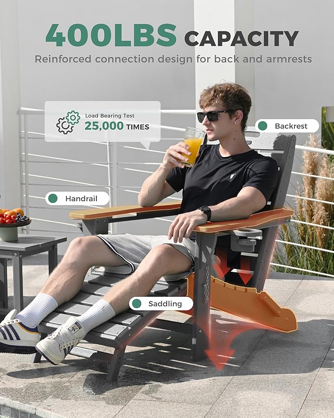 Folding Adirondack Chair with Retractable Ottoman Weather Resistant Fire Pit Chair Patio Chair with 2 Cup Holder Lawn Outdoor Lounge Chairs (Gray)