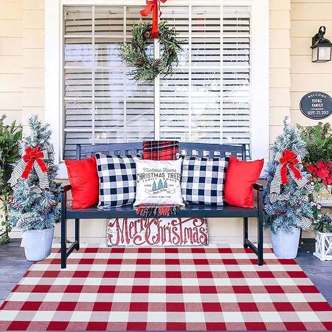 Christmas Outdoor Mat Buffalo Plaid Christmas Decor Rug Cotton Hand-Woven Layered Door Mats Washable Carpet for Front Porch, Kitchen, Farmhouse, Entryway