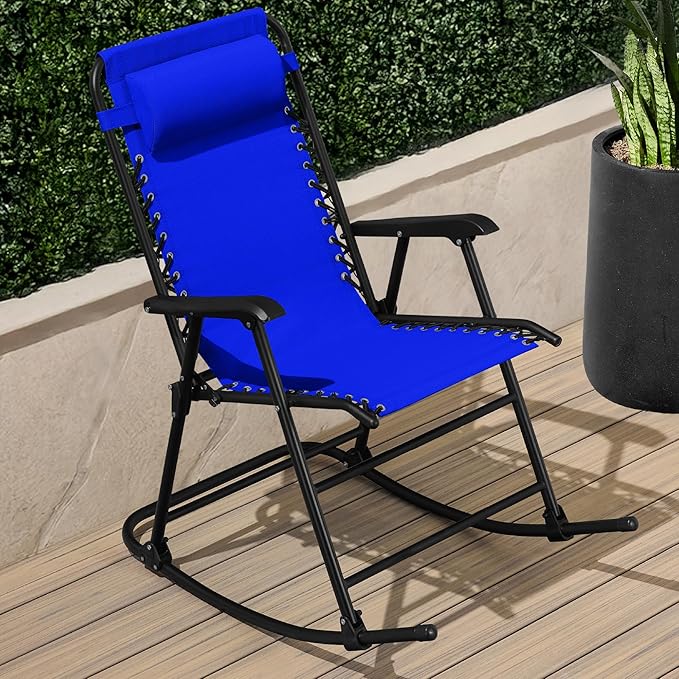 Best Choice Products Outdoor Folding Rocking Chair, Zero Gravity Lounge Chair, Patio Rocker w/Headrest Pillow - Cobalt Blue