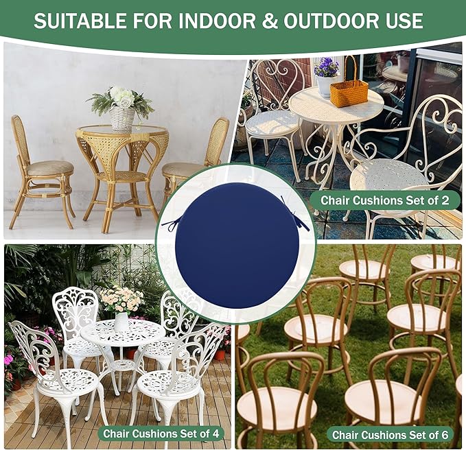 Outdoor Bistro Chair Cushions Set of 2, 15" D x 3" H Round Chair Cushions Waterproof and Fade Resistant Chair Cushion Pads with Non-Slip Ties and Removable Covers for Garden, Navy Blue