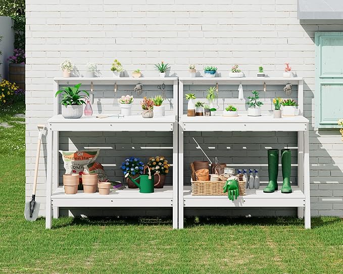 SERWALL Potting Bench Outdoor with Storage Set of 2, 3-Tier HDPE Gardening Table with Angled Legs & Tool Hooks, All-Weather Heavy Duty Potting Table for Patio, Backyard, Garden, White