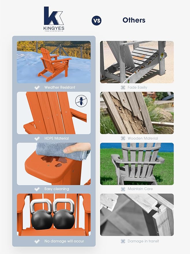 KINGYES Folding Adirondack Chair with Dual Cup Holders - HDPE All-Weather Outdoor Chairs, Wood-Like Patio Chair for Backyard, Camping, Pool & Fire Pit, Orange