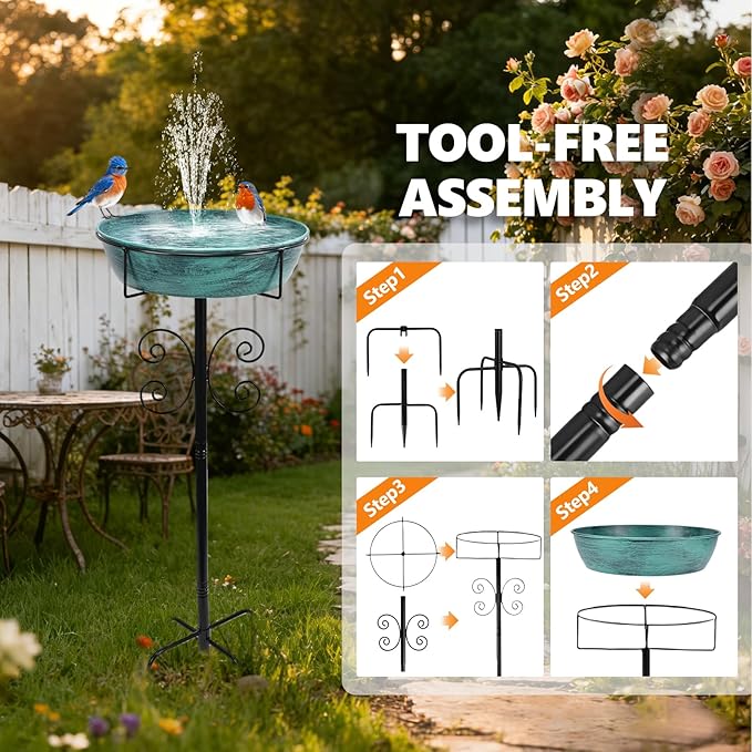 3" Deep 43" Tall Metal Bird Bath for Outdoors, 12" Dia Removable Bird Baths Water Bowl for Outside, Vintage Standing Birdbaths with Stable Stake for Garden Yard Lawn Decor 1.4 Gallon, Blue-Green