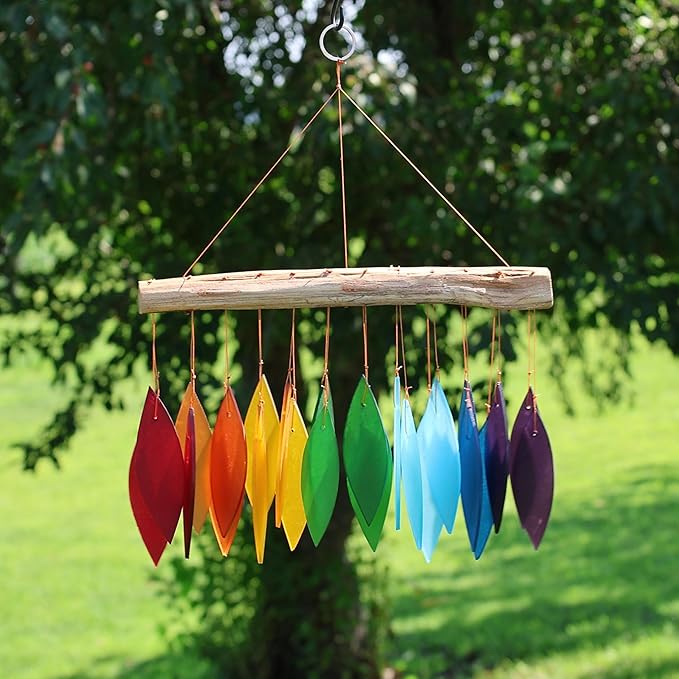 Blue Handworks Rainbow Glass Chime, Sandblasted Glass and Found Wood Handcrafted Wind Chime