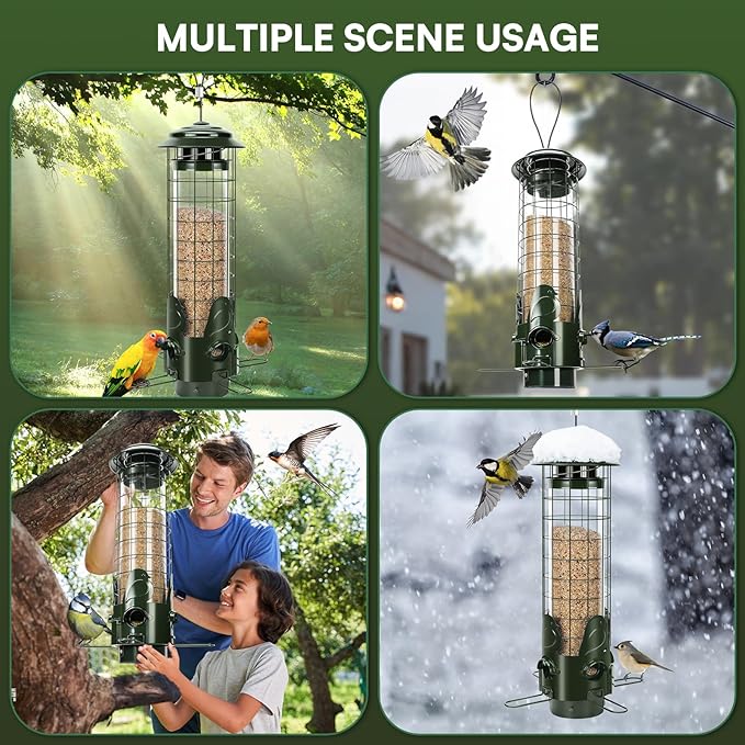 Squirrel Proof Bird Feeder for Outside Hanging, Weight Activated 3LB Large Capacity Metal Wild Bird Feeders with Removable Base, Tube Birdfeeder for Cardinal, Finch- Green