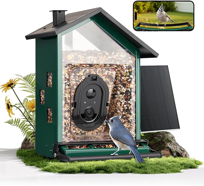 TT Nature Smart Bird Feeder with Camera Solar Powered Squirrels-Proof, AI Identify Bird Species & Instant Arrival Notification Camera, Data Security, Metal Case 3.2L Large Capacity Gift, Green