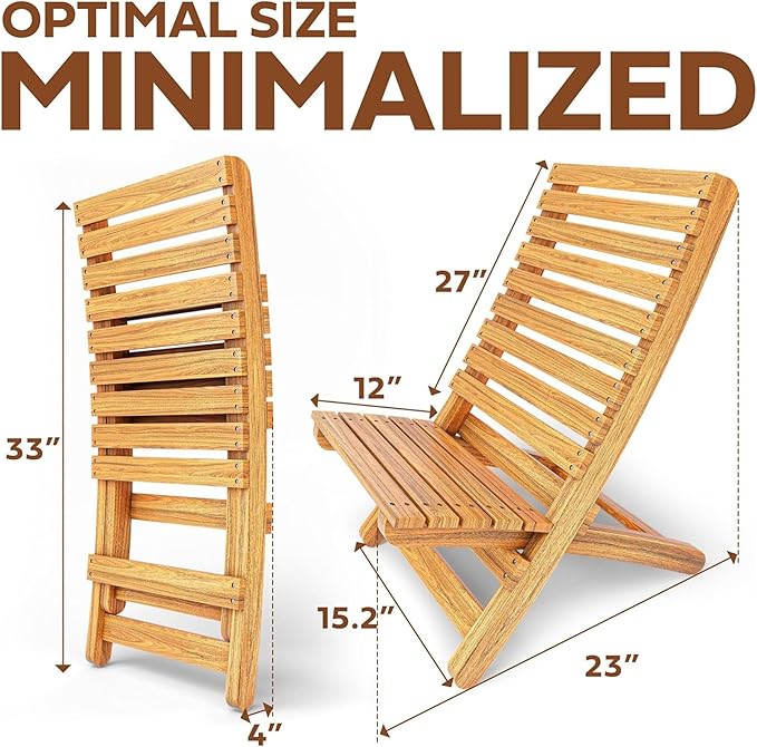 Melino 2PCS Wooden Folding Chairs, FSC Certified Acacia Low Profile Adirondack Chairs, Wood Folding Chair for Outdoor, Patio, Porch, Pool, Backyard, Garden, Balcony and Deck - Natural - Pair