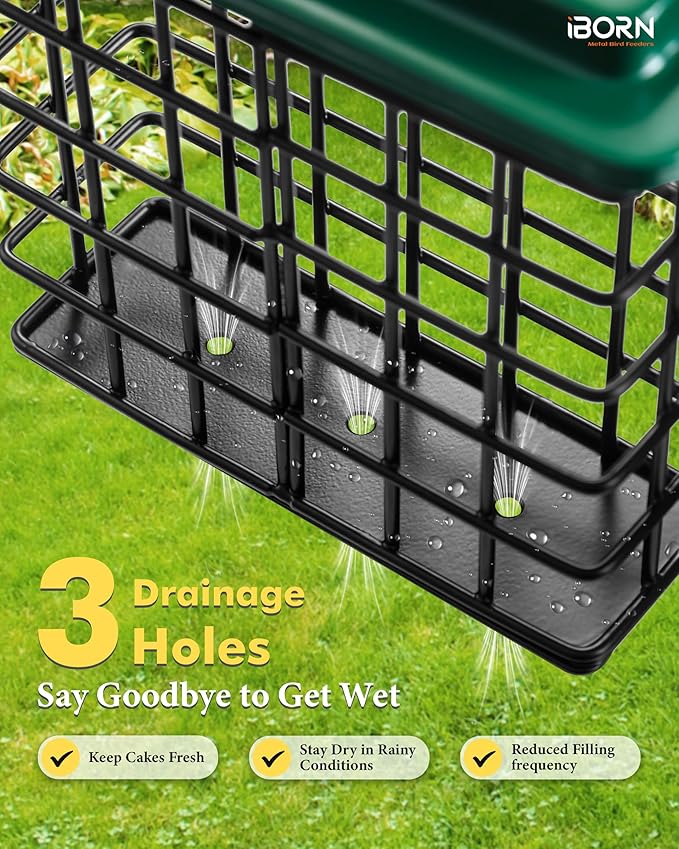 iBorn Suet Feeder Suet Bird Feeders [Single Capacity] for Outside Hanging with Taller Grid for Woodpecker,Metal Green（Pack of 2）