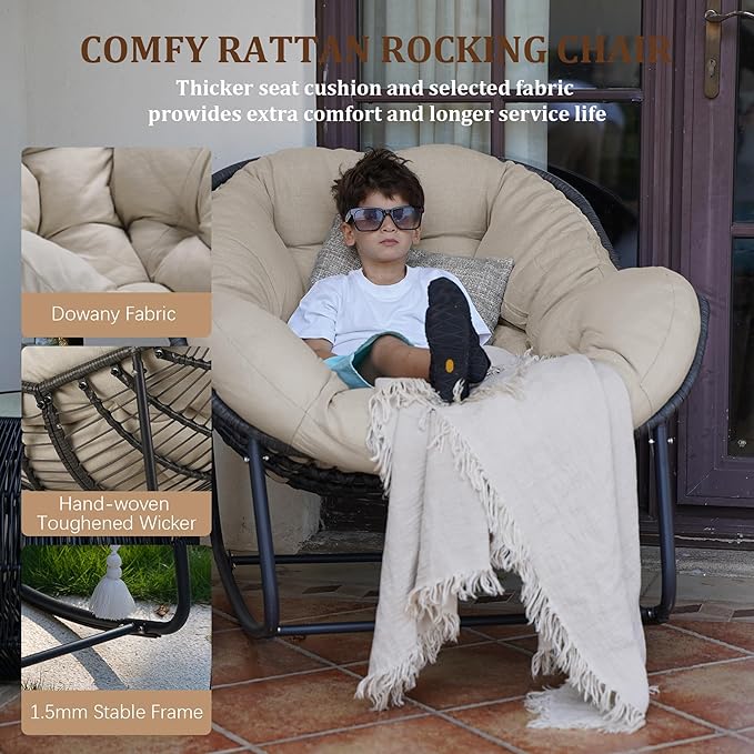 Oversized Rocking Chair Outdoor, Rocking Papasan Chair, Patio Egg Chair with Padded Cushion, Outdoor Wicker Rocking Chair for Front Porch, Garden, Patio(Beige)