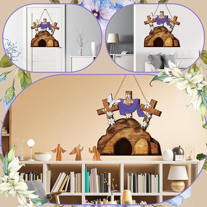 Juexica Easter Cross Door Sign Wall Hanging Decor He is Risen Decorations Religious Wood Hanger for Front Door Porch Home Indoor Outdoor Spring Wall Pediments