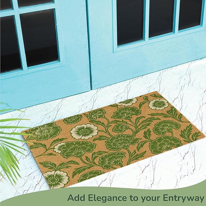 Coir Door Mat, Floral Print Entryway Floor Mats with Non-Slip PVC Backing, Indoor Outdoor Mat for Front Door Decor, Door Mat, Welcome Mats with Chelsea Flower Print, Green, 30”x 17”