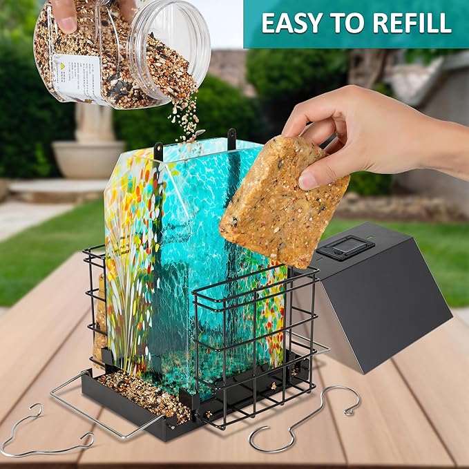 LUJII Solar Bird Feeder for Outdoor Hanging, 2 Suet Cake Cages, Hand-Blown Glass Container, Metal Roof, All-Weather Design for Woodpeckers, Teal