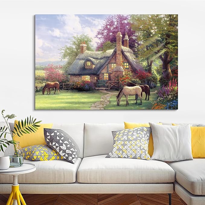 STUDIO HAVEN Thomas Kinkade Canvas Wall Art, Stone Thatched Cottage Grazing Horses Flower Garden and Sunny Meadow Oil Painting Poster Rustic Wall Decor, Framed Prints for Home Decor, 36x24Inch