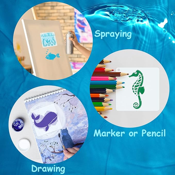 Marspark 66 Pcs Spring Easter Small Stencils for Crafts Reusable 3 Inch Stencils for Painting on Wood DIY Craft Paint Template for Wall Home Decor Card Rock Canvas Drawing Holiday (Ocean)