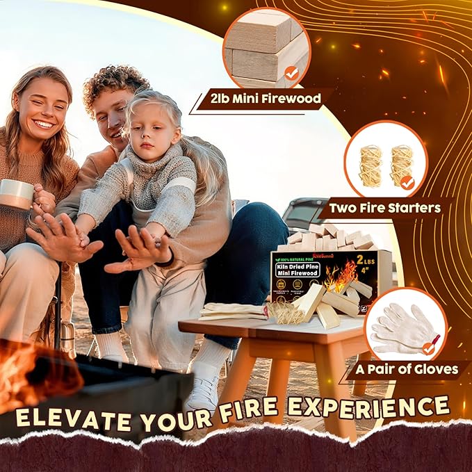 Mini Firewood 4" Kiln Dried Fire Pit Wood for Solo Stove Accessories, Camp Stoves, Tabletop Pits, BBQ Grills & Pizza Ovens 2 lb Box with Fire Starters & Handling Gloves