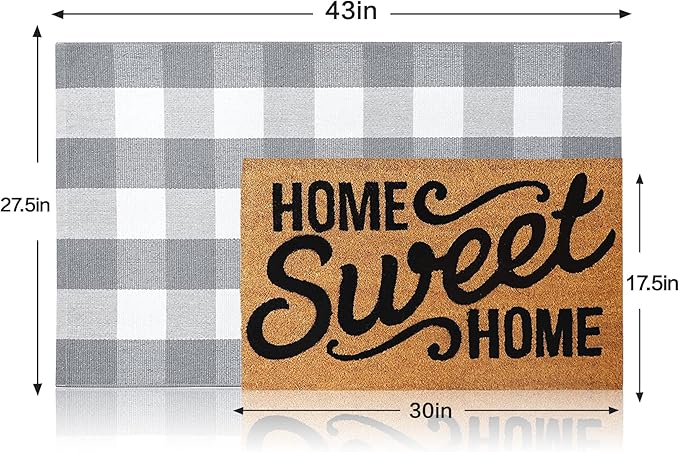MUBIN Cotton Buffalo Plaid Rug, 27.5 x 43 in Grey and White Outdoor Rug Front Door Decorative Mat, Hand-Woven Foldable Rug for Layered Door Mats Washable Carpet for Front Porch, Entryway, Farmhouse