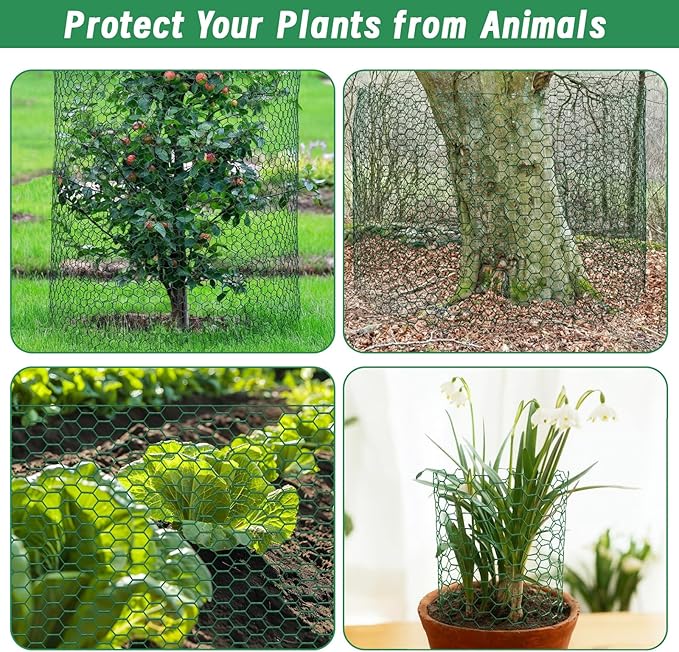 Convivium Plant Protectors from Animals, 0.8mm Free-Cut Green Chicken Wire Mesh, PVC Coated Tree Trunk Guard & Garden Fence for Outdoor Plants with Zip Ties, Stakes, Pliers, Gloves（16.4Ft*16In）