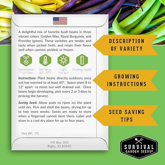 Survival Garden Seeds - Tri-Color Bean Seed for Planting - 5 Packs with Instructions to Plant and Grow Yellow, Purple, and Green Bush Beans in Your Home Vegetable Garden - Non-GMO Heirloom Variety