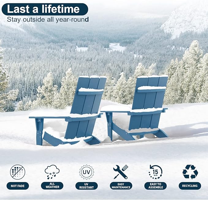 MXIMU Modern Adirondack Chairs Set of 2 Weather Resistant with Cup Holder Oversize Plastic Fire Pit Chairs Adorondic Plastic Outdoor Chairs for Firepit Area Seating (Navy)