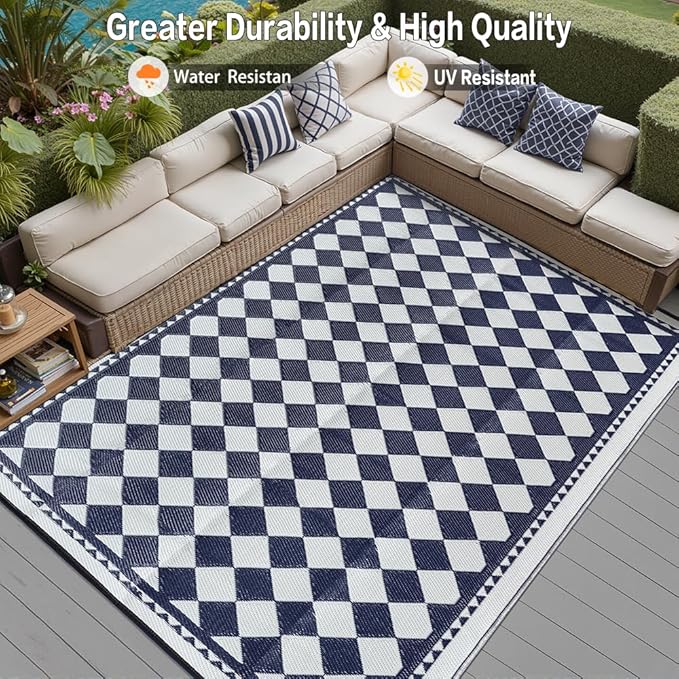 HUGEAR Outdoor Waterproof Rug 6'x9' Plastic Straw Rugs Washable Reversible Floor Mat Blue Plaid Carpet for Camping RV Deck Entryance Porch Picnic Balcony Beach Backyard