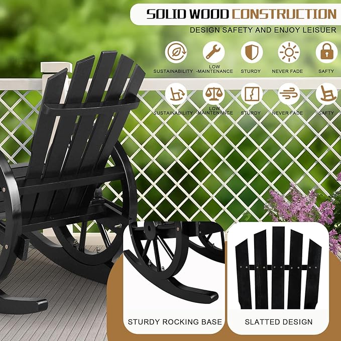 Outvita Adirondack Rocking Chair, Wood Wagon Rocker, Outdoor Wooden Carbonized Lounge Chairs with Wheel Armrest for Garden Patio Country Yard Porch(Black)