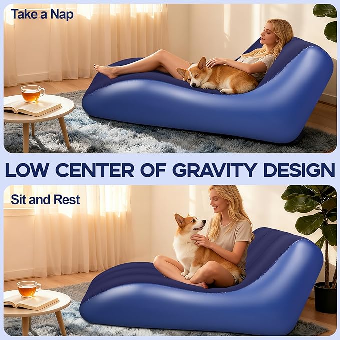 Inflatable Chair for Adults,Inflatables Chairs with Flocked Surface, Inflatable Lounge Chair with Backrest, Comfort Ergonomic Inflatable Couch,Inflatable Couch for Camping, Blue