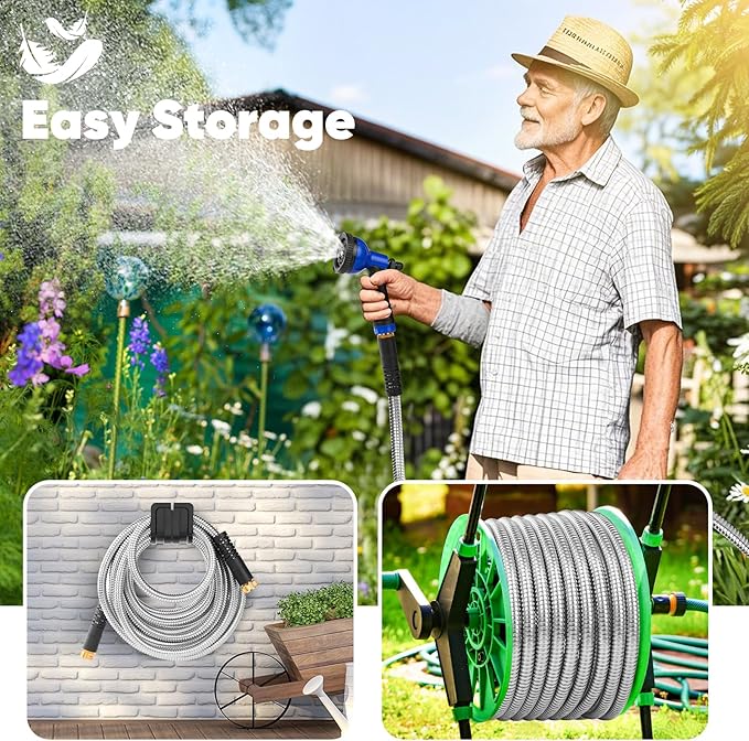 Garden Hose 50 ft, Stainless Steel Metal Hose, Flexible Water Hose with 10 Function Nozzl, Kink Free, Leak-Proof, Heavy Duty Hose for Yard, Outdoor, Lawn, RV, Car Wash and Camper Use