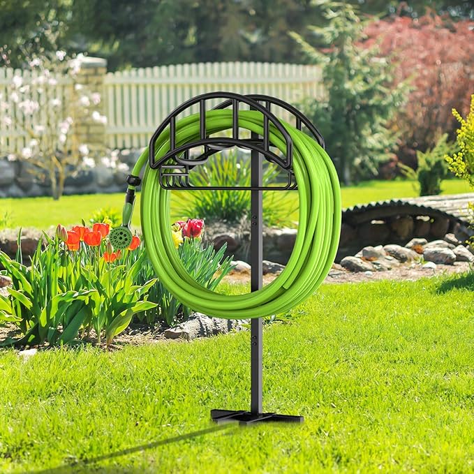 Garden Hose Holder - Upgraded Metal Reel With Tool Storage Basket, Heavy Duty Freestanding Water Hose Holder Holds 150ft, Detachable Storage Hanger for Outside