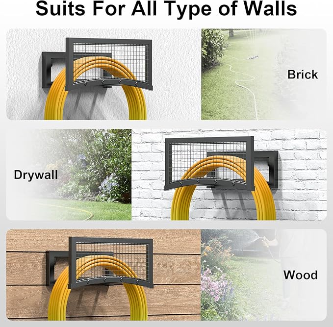 Garden Hose Holder Wall Mount, Heavy Duty Metal Hose Holds for Garden Hose 150FT, Outdoor Water Hose Reel Storage Organizer Rack, Easy Install, Black