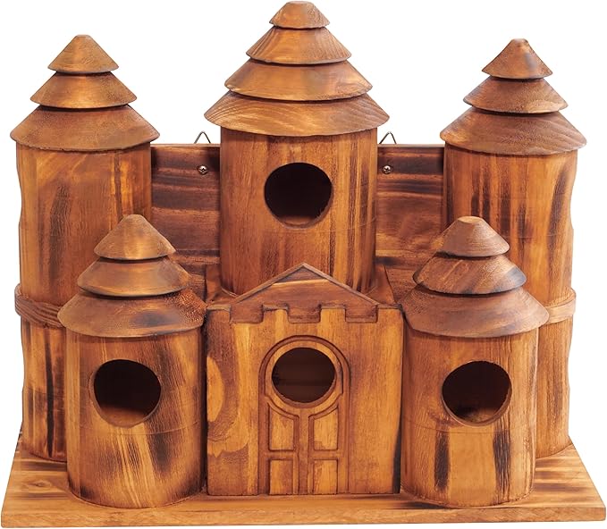 MIXUMON Wooden Bird Houses for Outside – 8 Rooms Castle-Style Bird House, Carbonized Pine Rustic Finish, 1.57" Entrance Holes, Decorative Outdoor Bird Nesting Box (Rustic, 8 Rooms)