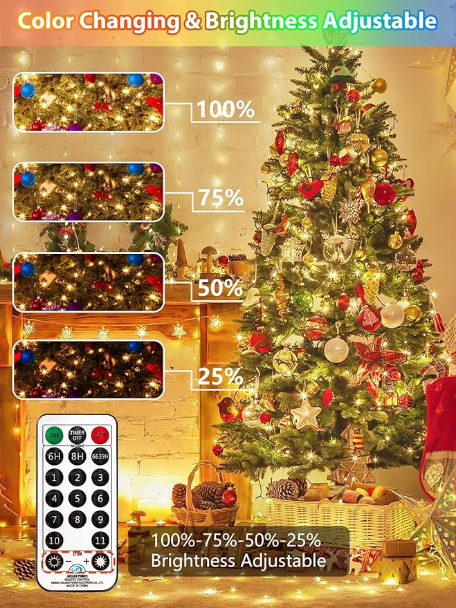 300 LED 99 FT Color Changing Christmas Lights with Remote and Timer, Fairy String Lights with 11 Lighting Modes & Memory Function Waterproof for Xmas Tree Holiday Party Decor(Warm White & Multicolor)