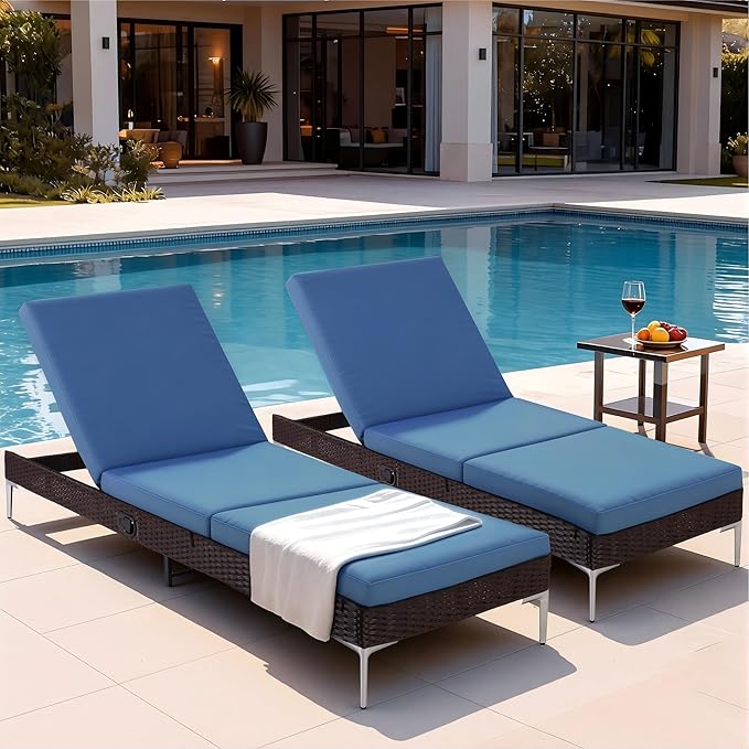 HOMREST Outdoor Lounge Chairs Set of 4, Patio Wicker Chaise Lounge with Removable Cushion, Rattan Pool Sunbathing Recliners with Adjustable Backrest (Navy Blue)