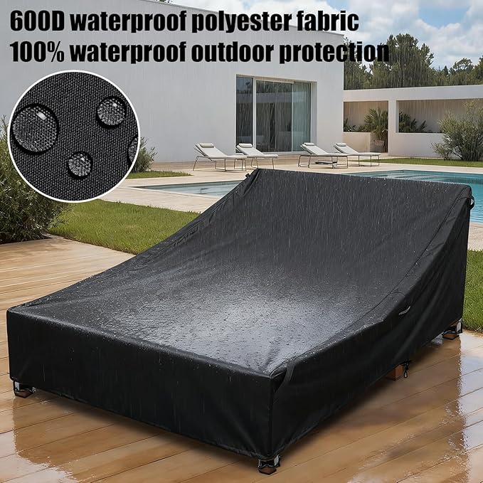 Double Lounge Chair Cover 100% Waterproof Outdoor Chaise Lounge Cover 600D Weather Resistant Material, UV Protection, Windproof Design Double Wide Patio Lounge Chairs Covers (Black)