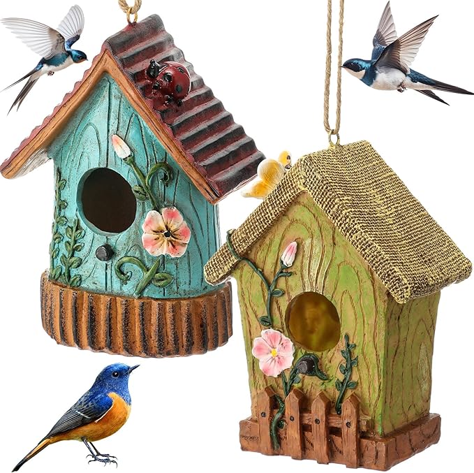 2 Pcs Decorative Birdhouse for Outdoor Hanging Bird Houses for Outside Colorful Decorative Cute Resin Birdhouses for Outside Indoors Garden Backyard Decor, Gift for Bird Lovers (Simple)