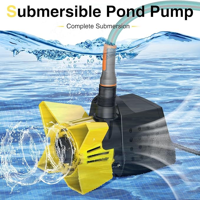 3200GPH Pond Pump, 200W Submersible Water Pump with 33FT Power Cord & Barrier Bag, 2 Hose Adapters, 20FT. Lift Height for Garden Ponds, Fountains, Waterfalls, Water Circulation (Yellow)