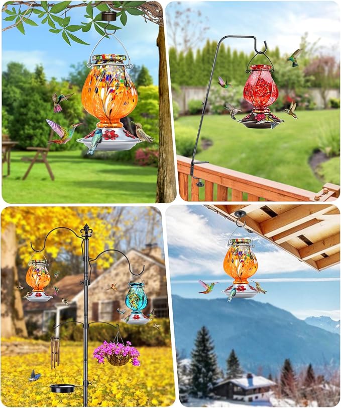 BOLITE Hummingbird Feeder, Hand Blown Glass Hummingbird Feeders for Outdoors Hanging, with 5 Feeding Ports, 22 Ounces, Orange, Birthday Gifts for Women Men, Gifts for Mom Dad