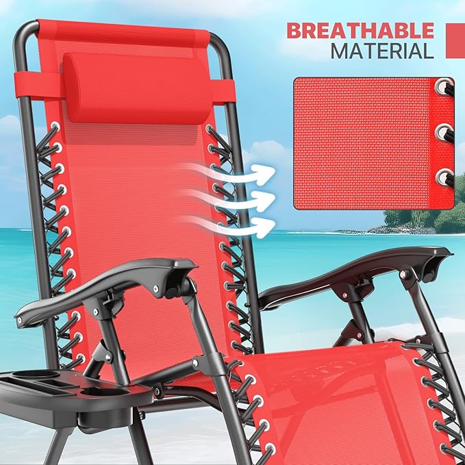 Magshion Zero Gravity Lounge Chair, Adjustable Folding Recliner with Cup Holder Side Tray & Removable Headrest Pillow, Portable Outdoor Patio Lounger for Camping, Beach, Lawn, Backyard, Red