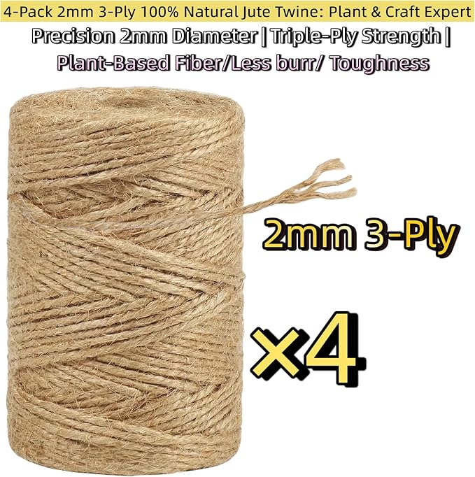 4 Pcs 1312.336 Feet 2mm Brown Jute Twine String - 3 Ply Natural Garden Twine for Plants, Crafts, Gift Wrapping, Packing - Heavy Duty Plant Ties for Tomatoes, Climbing Plants, DIY Projects
