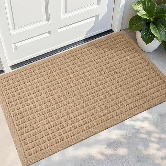 PLEASOR Front Door Mat Indoor Outdoor Entrance, Dirt Resistant and Absorbent Doormat, Sturdy Non-Slip Backing Entry Mat, Fade Resistant, Easy Clean Low-Profile Entryway Mat, 36x24, Beige