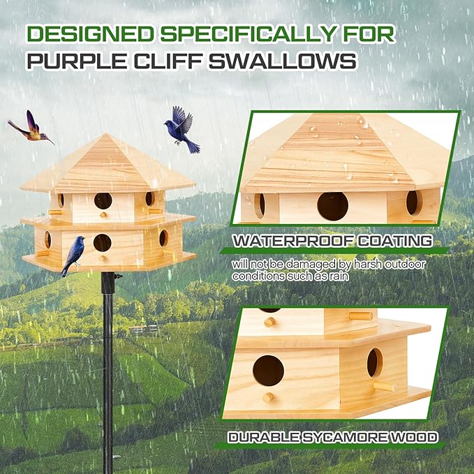 12 Room Purple Martin House Package, Deluxe Complete Birdhouse Kit with 15 ft Adjustable Pole, Ground Socket for Outdoor