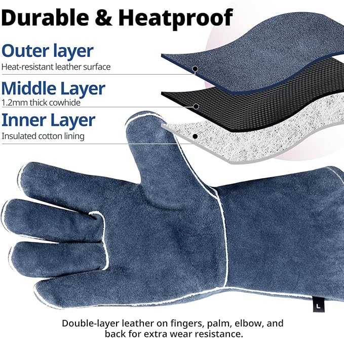 Welding Gloves Fire Heat Resistant Fireproof Leather for Welding Fire Pit Wood Stove Campfire Furnace BBQ Baking,Grill Oven Stick Mig Tig Gear L