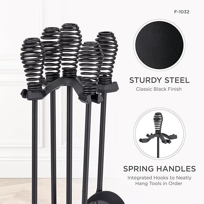 UniFlame 5-Piece Black Fireplace Tools Set with Spring Handles (F-1032)