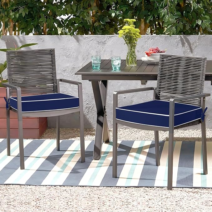 Waterproof Outdoor Chair Cushions Set of 2, Square Outdoor Seat Cushions with Ties and Removable Covers, 19 x 19 Outdoor Cushions for Patio Furniture with Portable Handle(Navy/White)