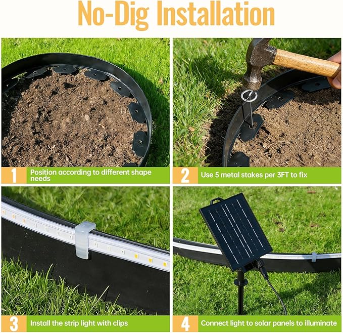 Landscape Edging with Solar String Lights, 33FT, 2in Depth, Metal Stakes & Light Remote, No-Dig Garden Edging with Timer & 19 Light Modes Landscape Border for Curved Straight Beds, Black