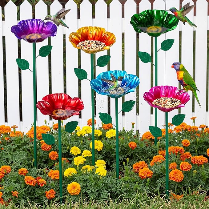 LemonRoad 6 Pcs Metal Bird Baths for Outdoors Flower Pattern Bird Bath Feeders with Metal Stake for Garden Yard Lawn Outdoor Decor