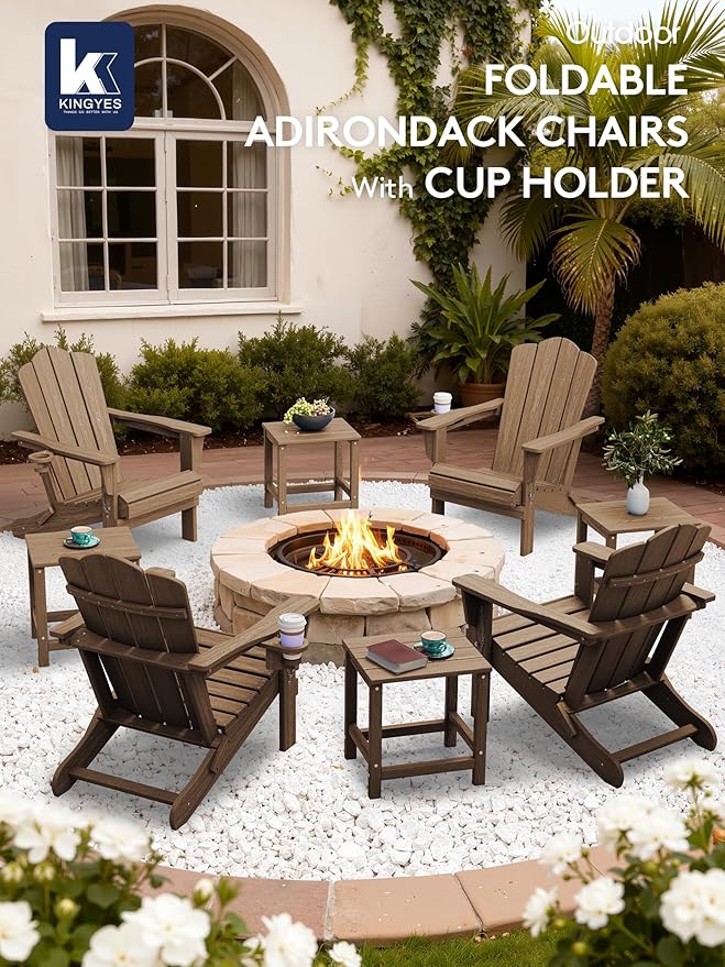 KINGYES Folding Adirondack Chair Set of 8, HDPE All-Weather Patio Chairs with Cup Holder, Wooden Textured Fire Pit Chairs for Poolside, Backyard, Deck, Brown