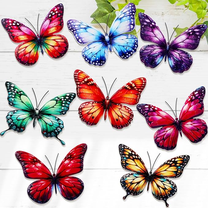 8 Pcs 3D Metal Butterfly Wall Decor 5. 12 x 6. 69 Inches Colorful Butterfly Hanging Wall Art for Garden Yard Living Room Bedroom Patio Balcony Outdoor Fence Decoration(Elegant Style)