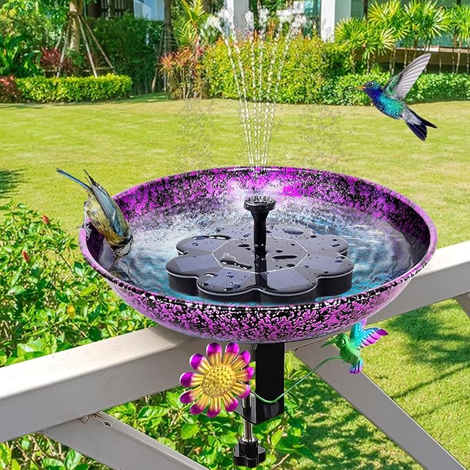 Deck Bird Bath for Outdoors, 11 Inch Colorful Purple/Blue Metal Birdbath Bowl Adjustable Steel Clamp Mounted Garden Bird Bath Feeder for Railing Balcony Outdoor Decor Yard Art
